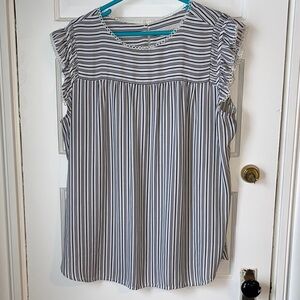 LOFT Gray and White Striped Blouse with Ruffle Sleeves